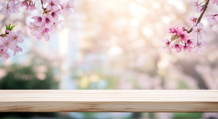 A serene wooden table with cherry blossoms in a soft-focus background.