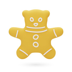Obraz premium Christmas gingerbread in the shape of bear. Cookie covered by icing-sugar. Traditional holiday food. 3D Vector illustration isolated on white background.