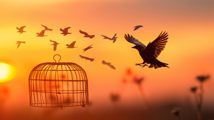 Birds Flying Out of Cage at Sunset with Orange Sky and Silhouetted Landscape