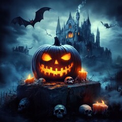 Gothic halloween scene with jack-o'-lantern and skulls