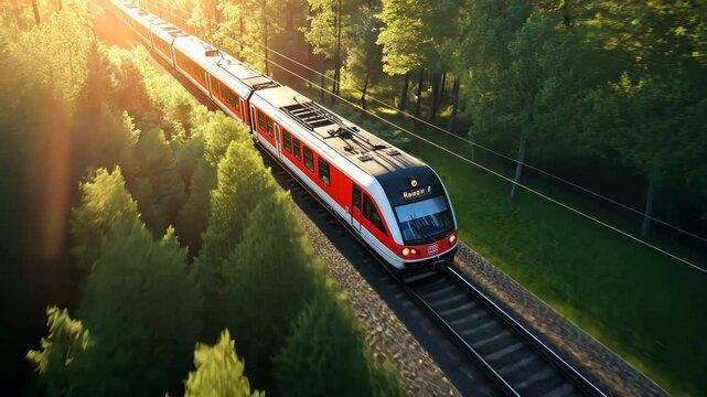 Aerial view of passenger train traveling through lush forest at sunset. High-speed rail transport cutting across green landscape with golden sunlight