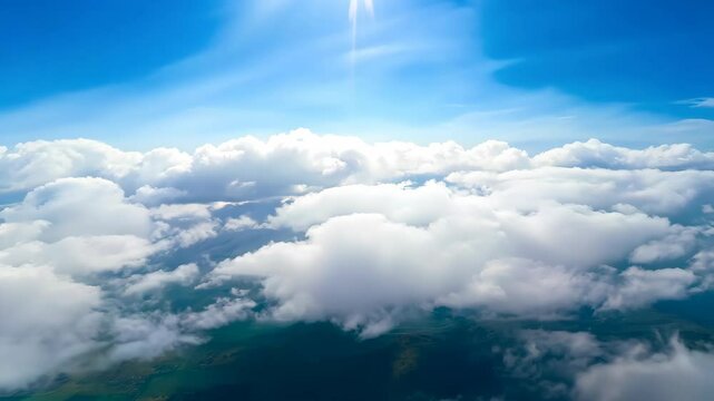 Bright sky view with fluffy white clouds and sunlight streaming through
