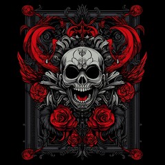 Skull with Red Roses and Ornamental Frame on Black Background