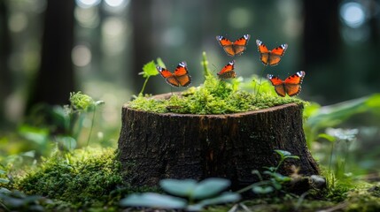 Tree stump with butterflies, Stock image