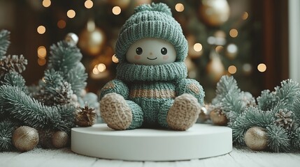 Obraz premium 3d render green christmas tree cartoon character with mannequin legs sits on white platform podium minimal seasonal clip art unique toy