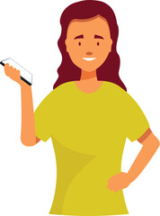 Young woman is holding a smartphone showing a blank screen, smiling and presenting a new app or website