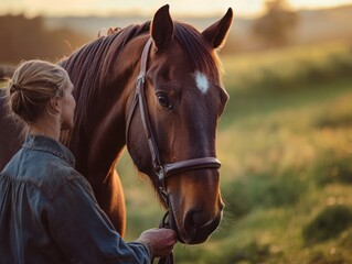 Fototapeta premium A person gently interacts with a horse in a serene, sunlit outdoor setting.