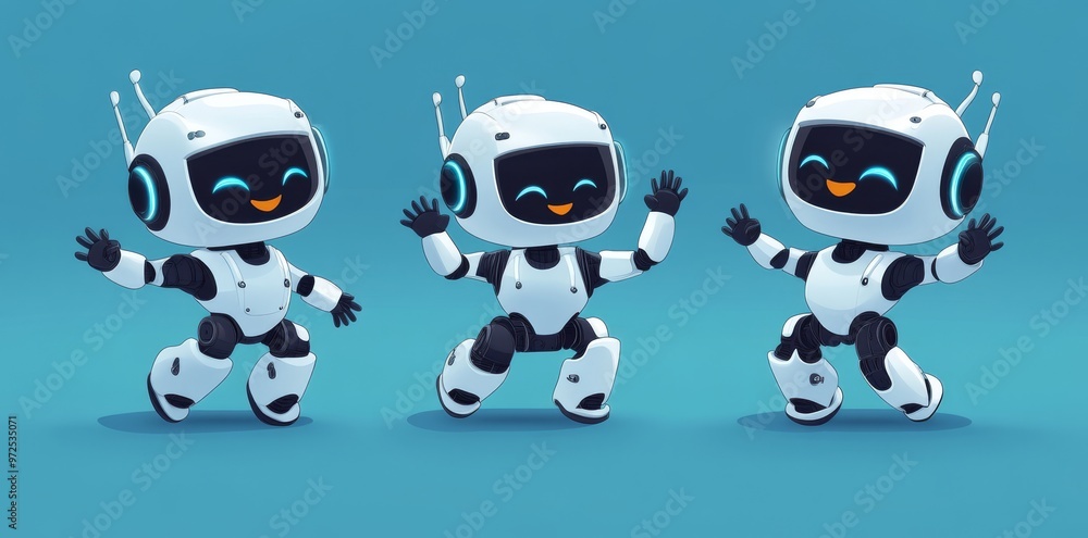 Poster an array of cute robots that uses stock, chat bots, ai servers and robotics technology.