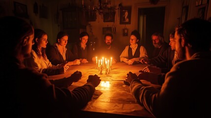 Obraz premium A group of people gathers around a candle-lit table engaging in a spiritual session in a dimly lit room during the evening hours