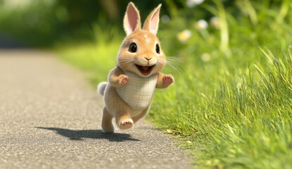 The Easter bunny runs through a green meadow. Cute rabbit in a grass field with warm lighting.