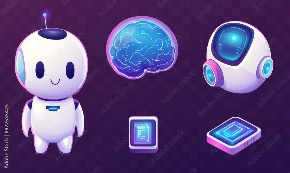 Aufkleber an illustration of a futuristic set of ai robots on a blue background. a robot bot chatting on a cha