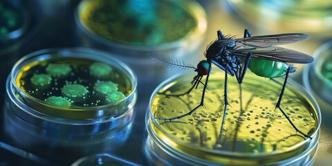 Mosquito on petri dish with green bacteria.