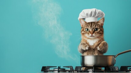 A cute tabby cat wearing a chef's hat is standing on its hind legs, cooking on a stove.