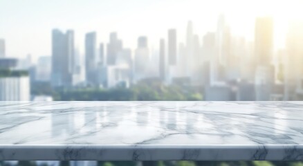 A marble tabletop with a blurred city skyline in the background during sunset.