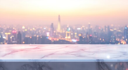 Fototapeta premium Blurred city skyline at dusk with a marble countertop in the foreground.