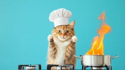 A cat wearing a chef hat stands on a stovetop with a pot of boiling water behind it.