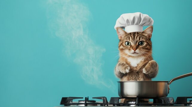 A cute tabby cat wearing a chef's hat is standing on its hind legs, cooking on a stove.