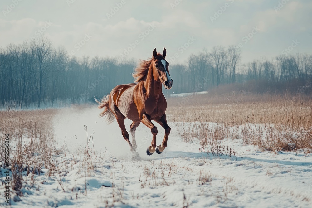 Poster A horse galloping through a snowy field with a forest backdrop.