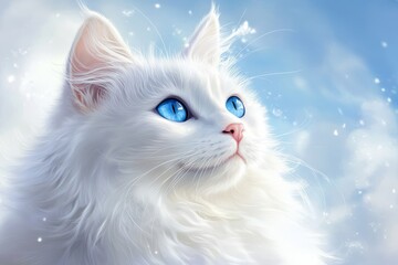 A beautiful young Ragdoll cat with long hair sits against a blue background.