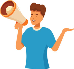 Young man is speaking into a megaphone and gesturing with his hand