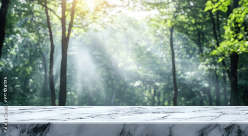 Poster a serene forest scene with a marble countertop, illuminated by sunlight filtering through trees.