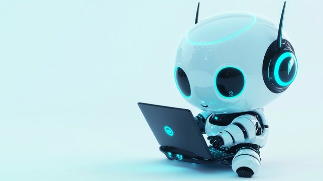 Stock illustration of cute friendly robot using laptop computer with white neon glow light and light gray background, chatbot and AI assistant concept futuristic technology.