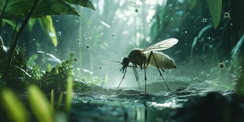 Mosquito on ground, green foliage, misty forest.