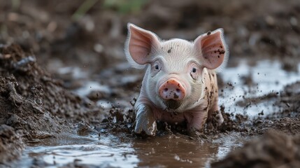 A piglet joyfully splashes through muddy water in a rural setting.
