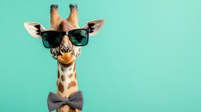 A giraffe wearing sunglasses and a bowtie smiles at the camera against a turquoise background.