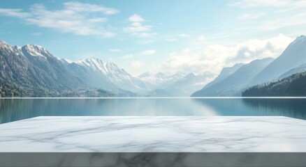 A serene landscape with mountains and a calm lake, featuring a marble platform in the foreground.