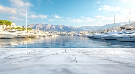 Scenic marina view with boats and mountains under a clear sky.