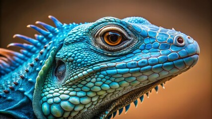 Fototapeta premium Vibrant blue scales shatter the monotonous background, the iguana's skin a mesmerizing mosaic of intricate patterns and
