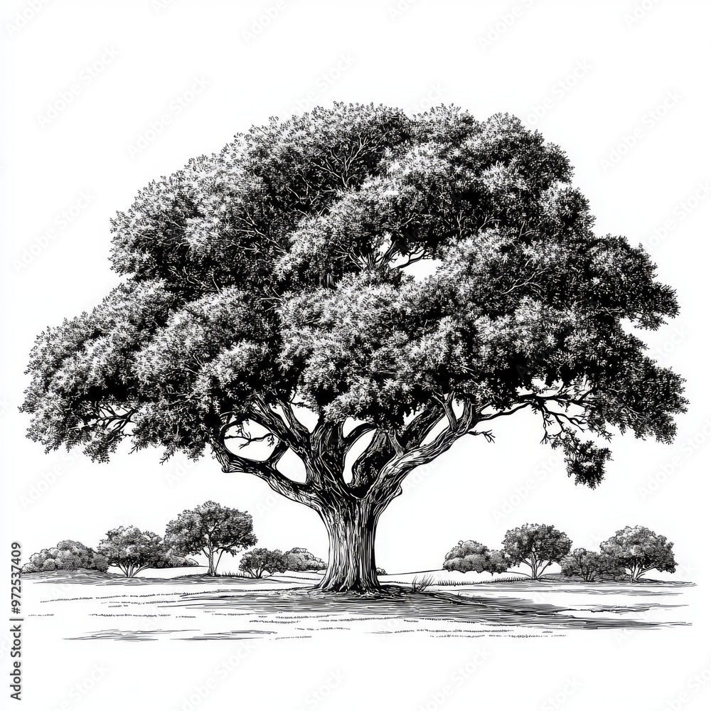 Poster an ancient oak tree with a lush canopy and an intricate root system sketch engraving generative stoc