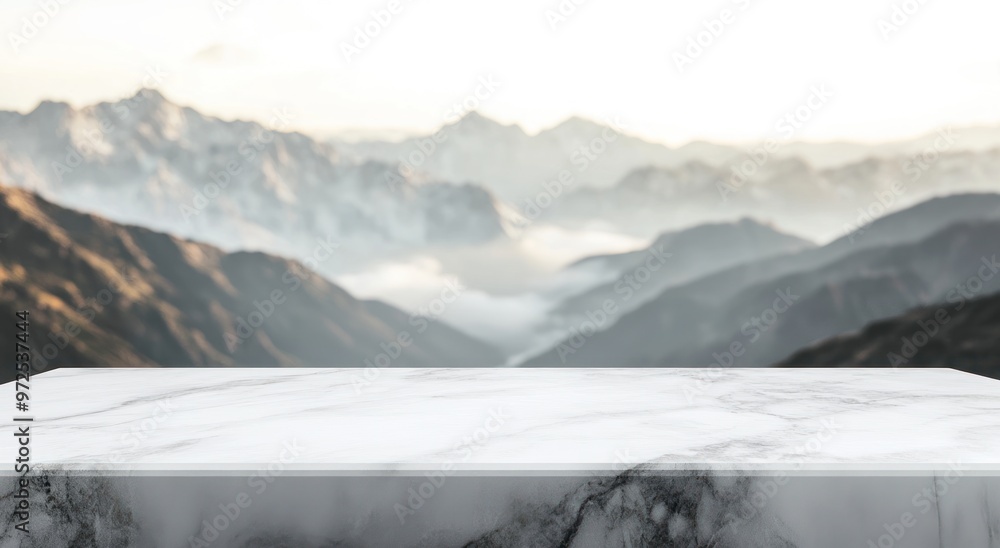 Sticker A marble table overlooking a serene mountain landscape at sunrise.