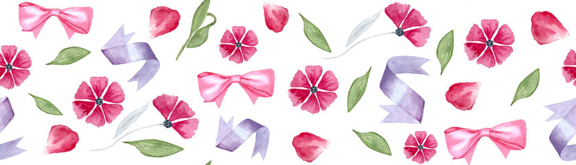 A satin bow, a ribbon, a petal, pink flower heads watercolor seamless border isolated on white. Great for female products decor, packages, tape, cards, logotype, labels, banners mother's day design