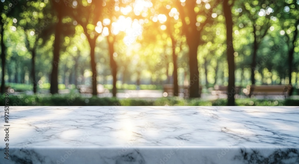 Wall mural A marble table in a sunlit park surrounded by trees and benches.