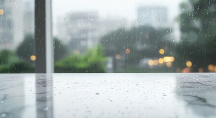 A rainy day view from indoors, with droplets on a surface and blurred city lights outside.