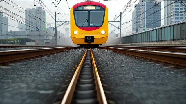 Modern yellow train approaching on railway tracks in urban setting. Front view of electric passenger train with city skyline background. Public transportation in metropolis