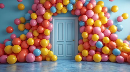 Fototapeta premium 3d render multicolore3d balls fall outside the open blue door party wallpaper surprise concept