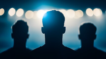 Three men are standing in front of a bright light