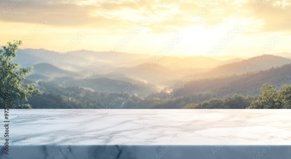 Sticker Scenic mountain view at sunrise with a marble countertop in the foreground.