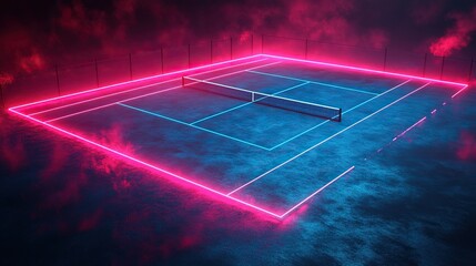 3d render neon tennis court scheme with net virtual sport playground top view sportive game pink blue glowing line over black background