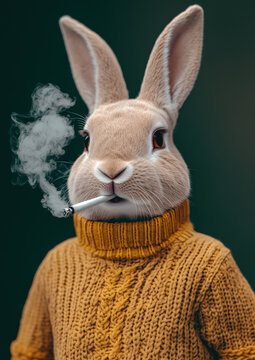 Cute bunny in a cozy sweater, exhaling smoke in a relaxed outdoor setting, soft autumn colors, [Cute Bunny Smoking]