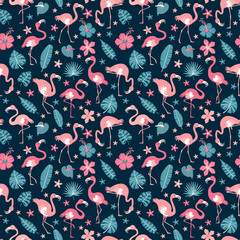 Pattern with pink flamingos and tropical leaves on blue background. Pink flamingo in flat style. Seamless pattern for textile, wrapping paper, background.