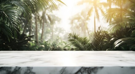 Obraz premium A serene jungle backdrop with a marble surface, ideal for presentations or displays.