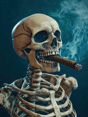 Skeleton smoking a cigar, dark and moody lighting