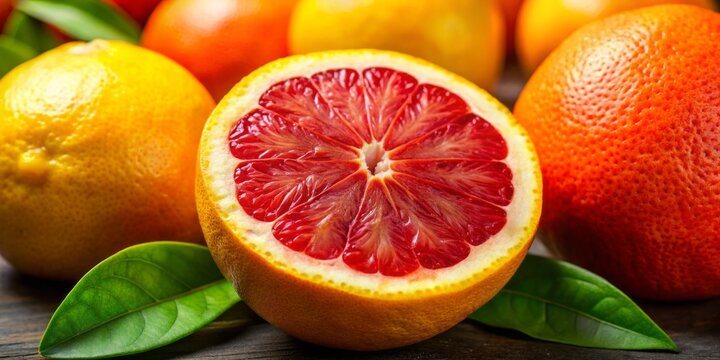 Vibrant red grapefruit glows with freshness, revealing tender yellow flesh beneath its ruffled, crimson skin.