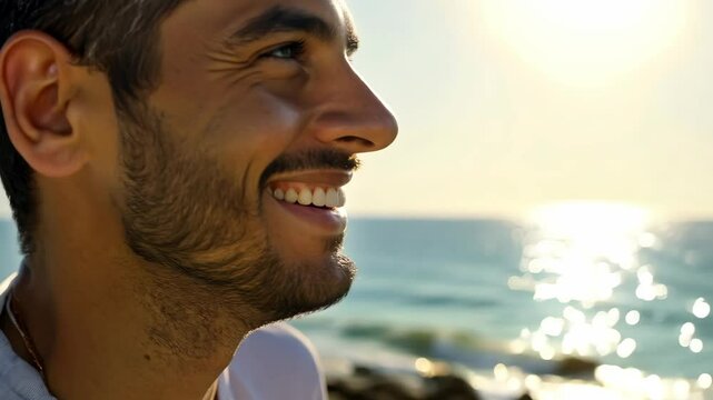 Middle Eastern bodybuilder smiling by the ocean, enjoying the beachside atmosphere