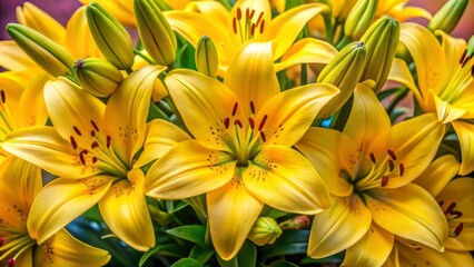 Fototapeta premium Vibrant yellow lilies unfurl, their soft petals and delicate stamens a gentle dance of color and light, a
