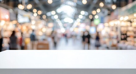 A blurred market scene with a clear foreground surface, suggesting a space for showcasing products.